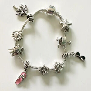 Charm Bracelet Summer Beach Beachy Silver Tone Flip Flop Palm Tree Turtle Sun